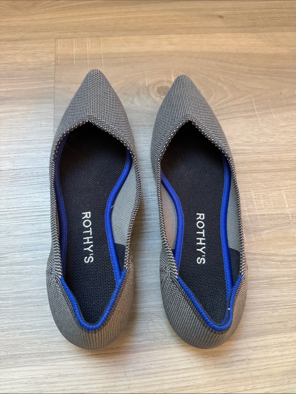 Rothy's Pointed-Toe Flats in Gray with Blue Trim